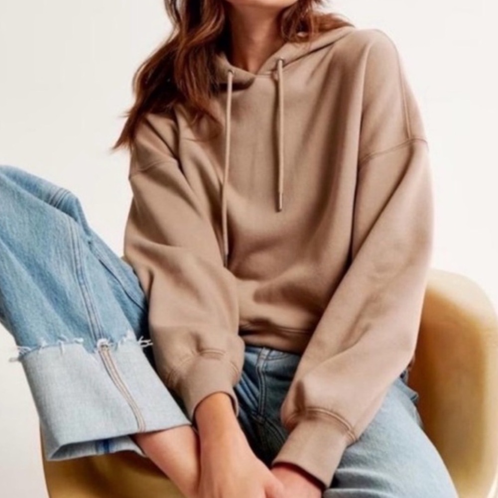 Abercrombie & Fitch Tan Hooded Cropped Sweatshirt SMALL